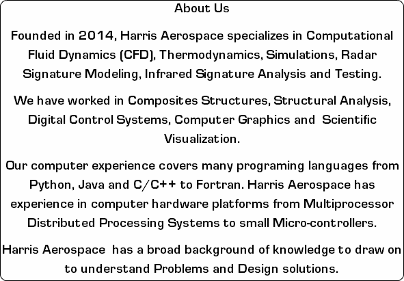 About Us Founded in 2014, Harris Aerospace specializes in Computational Fluid Dynamics (CFD), Thermodynamics, Simulations, Radar Signature Modeling, Infrared Signature Analysis and Testing. We have worked in Composites Structures, Structural Analysis, Digital Control Systems, Computer Graphics and Scientific Visualization. Our computer experience covers many programing languages from Python, Java and C/C++ to Fortran. Harris Aerospace has experience in computer hardware platforms from Multiprocessor Distributed Processing Systems to small Micro-controllers. Harris Aerospace has a broad background of knowledge to draw on to understand Problems and Design solutions.